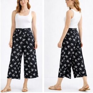 Field Manor Women's Palm Tree Silk High Rise Side Zip Wide Leg Capri Pants Sz 18